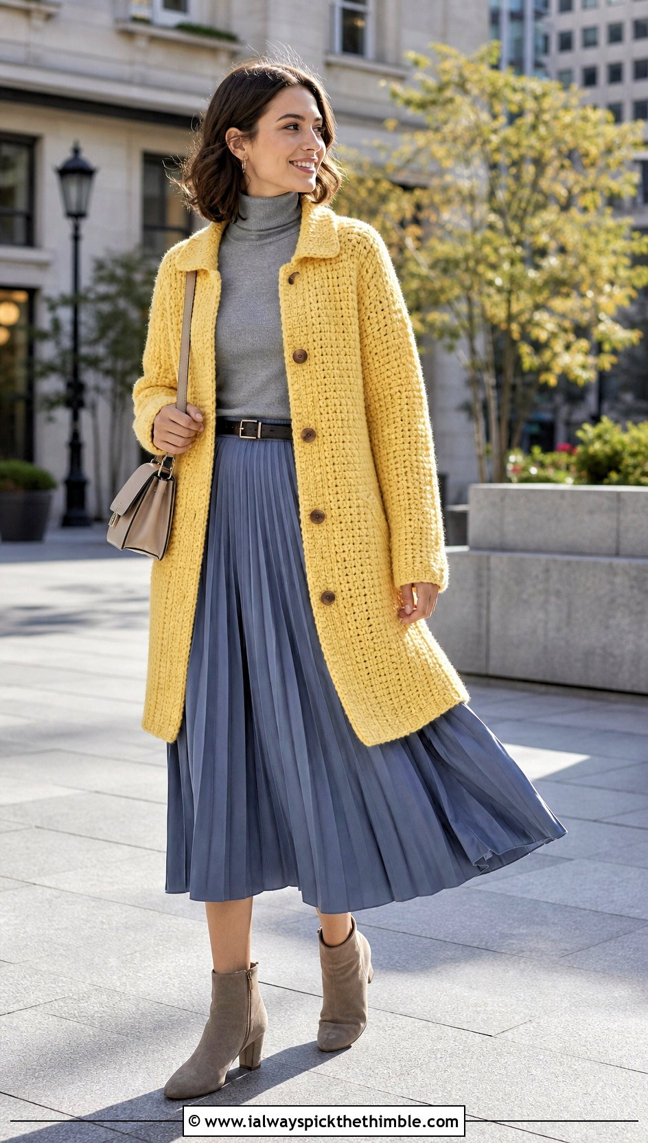Car Coat Crochet Sweater Coat With A Pleated Midi Skirt - 20 Crochet Sweater Coat outfit ideas