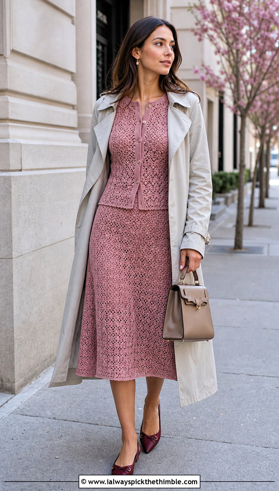 Cardigan Crochet Top And A Line Skirt With Trench Coat - 25 Crochet Top And Skirt outfit ideas