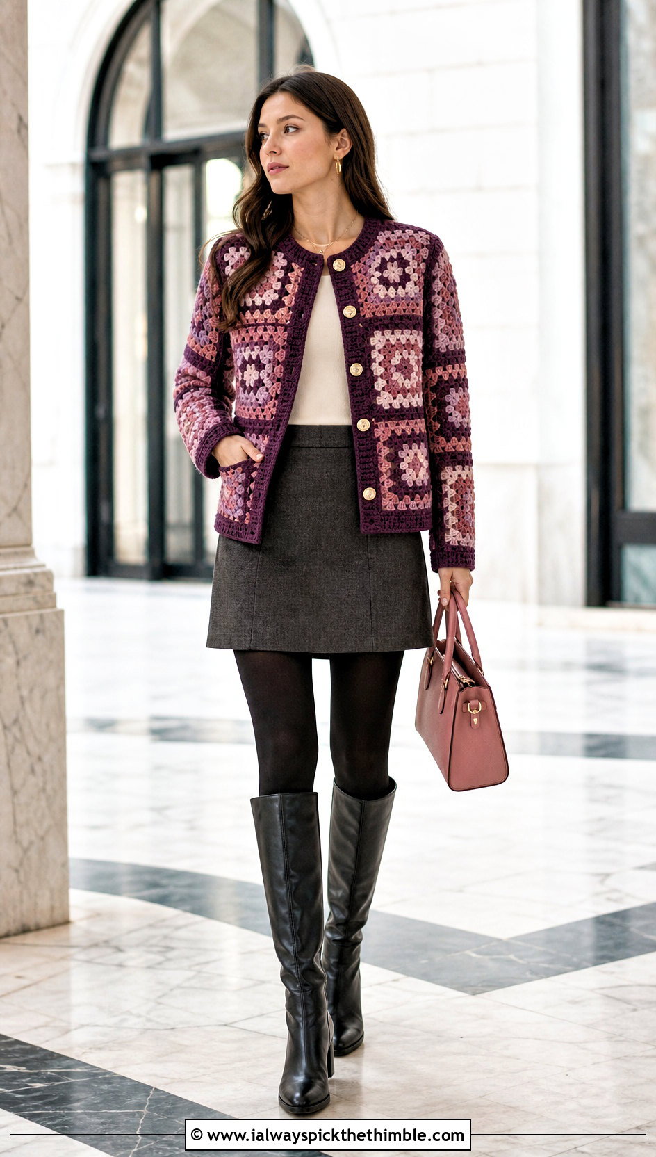 Cardigan Jacket Granny Square Design With Mini Skirt And Tights - 20 pastel granny square cardigan outfit ideas