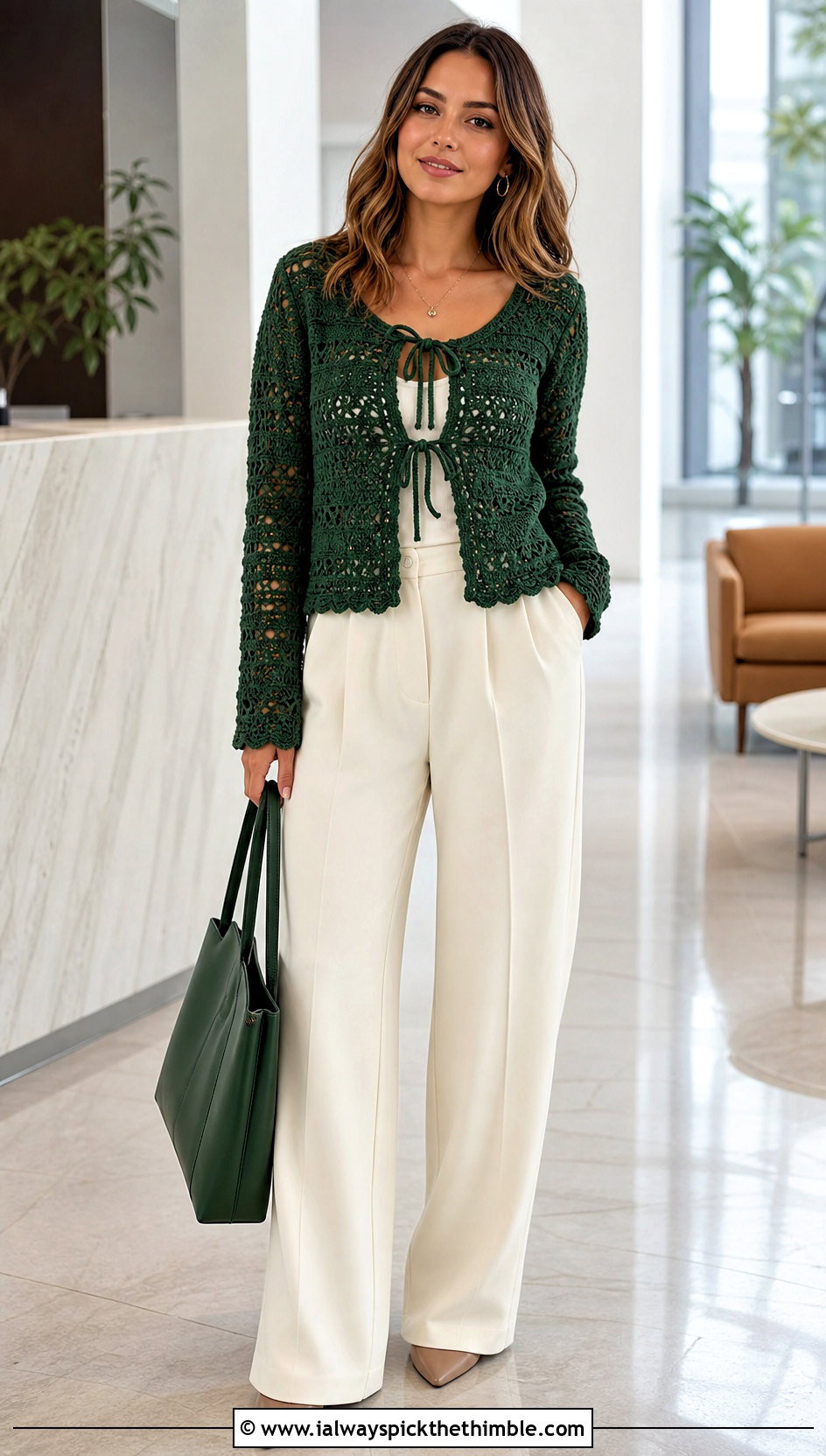 Cardigan Style Crochet Bow Top With Wide Leg Trousers - 20 crochet bow top outfit ideas