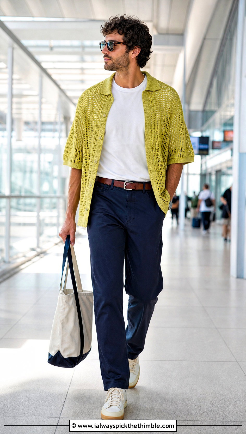 Cardigan Style Crochet Mesh Shirt With T Shirt And Chinos - 20 Men Crochet Mesh Shirt outfit ideas