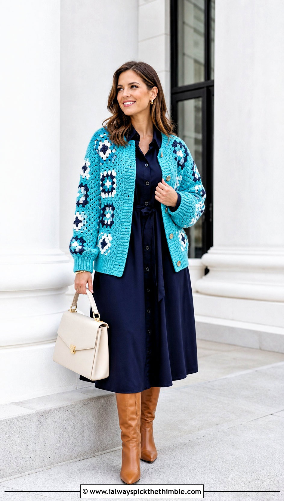 Cardigan Style Granny Square Sweater With Shirt Dress - 25 crochet granny square sweater outfit ideas