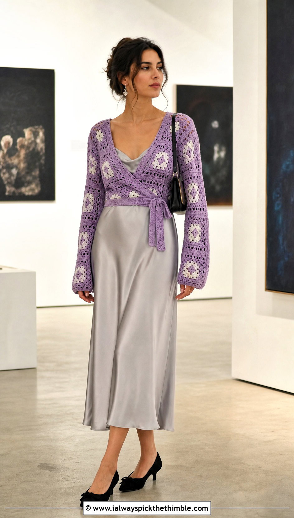 Cardigan Style Granny Square Wrap Top With Slip Dress - 25 granny square wrap top outfit ideas