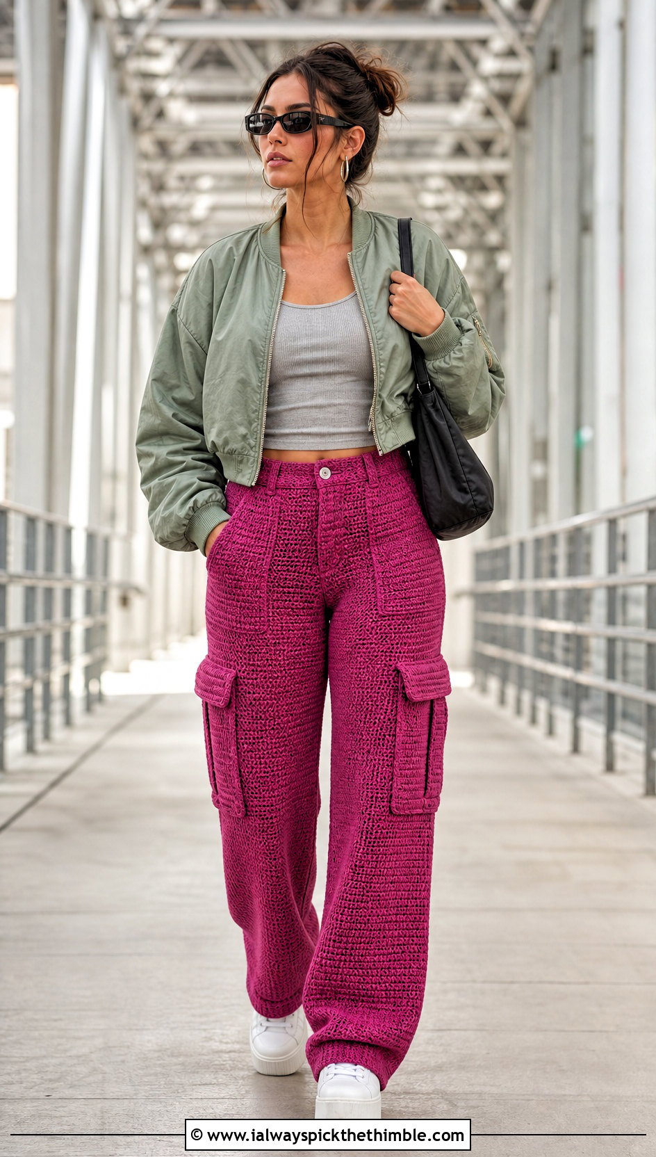 Cargo Crochet Trousers With Bomber Jacket - 25 crochet trousers outfit ideas