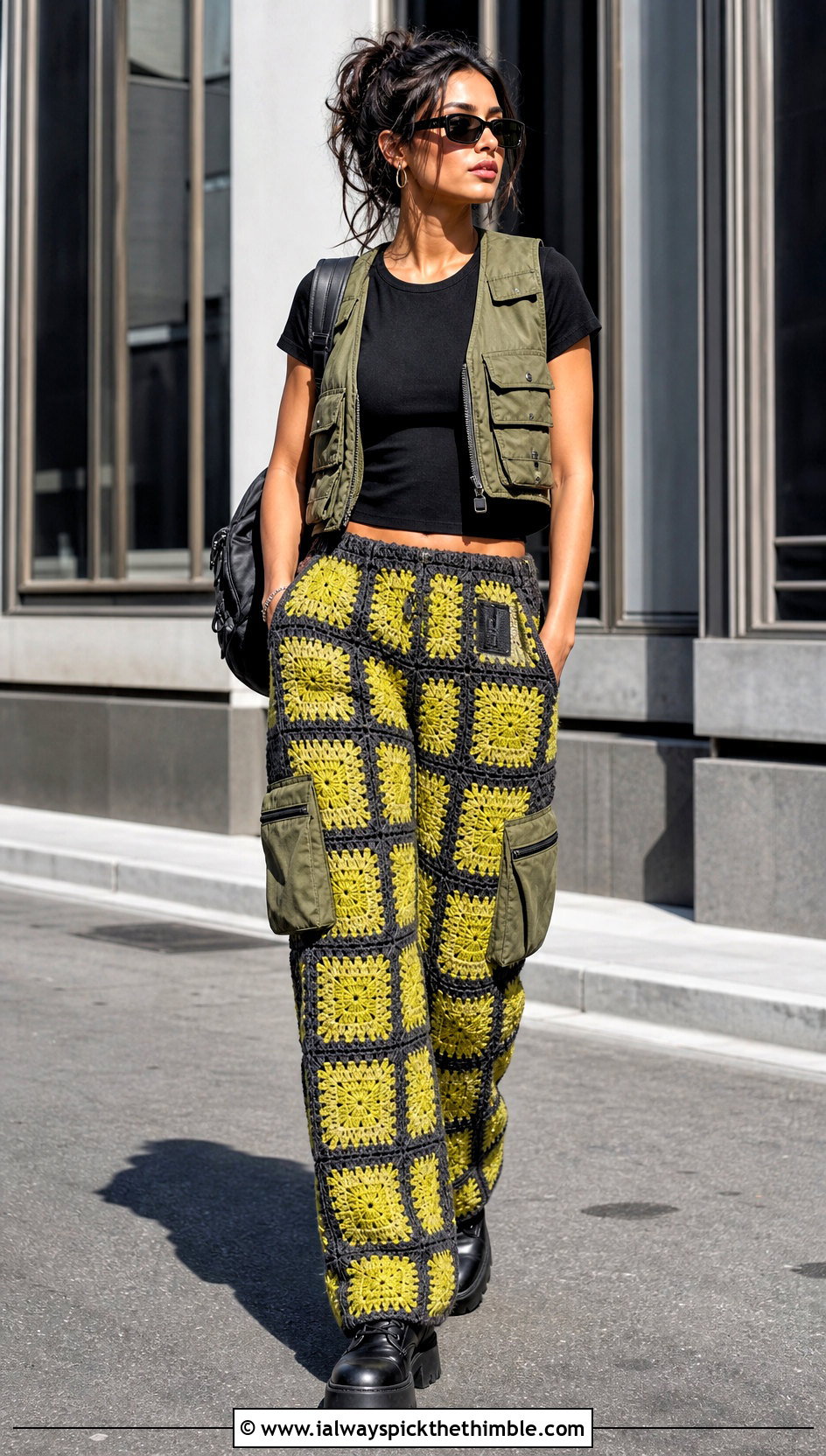 Cargo Granny Square Trousers With Utility Vest - 25 granny square trousers outfit ideas