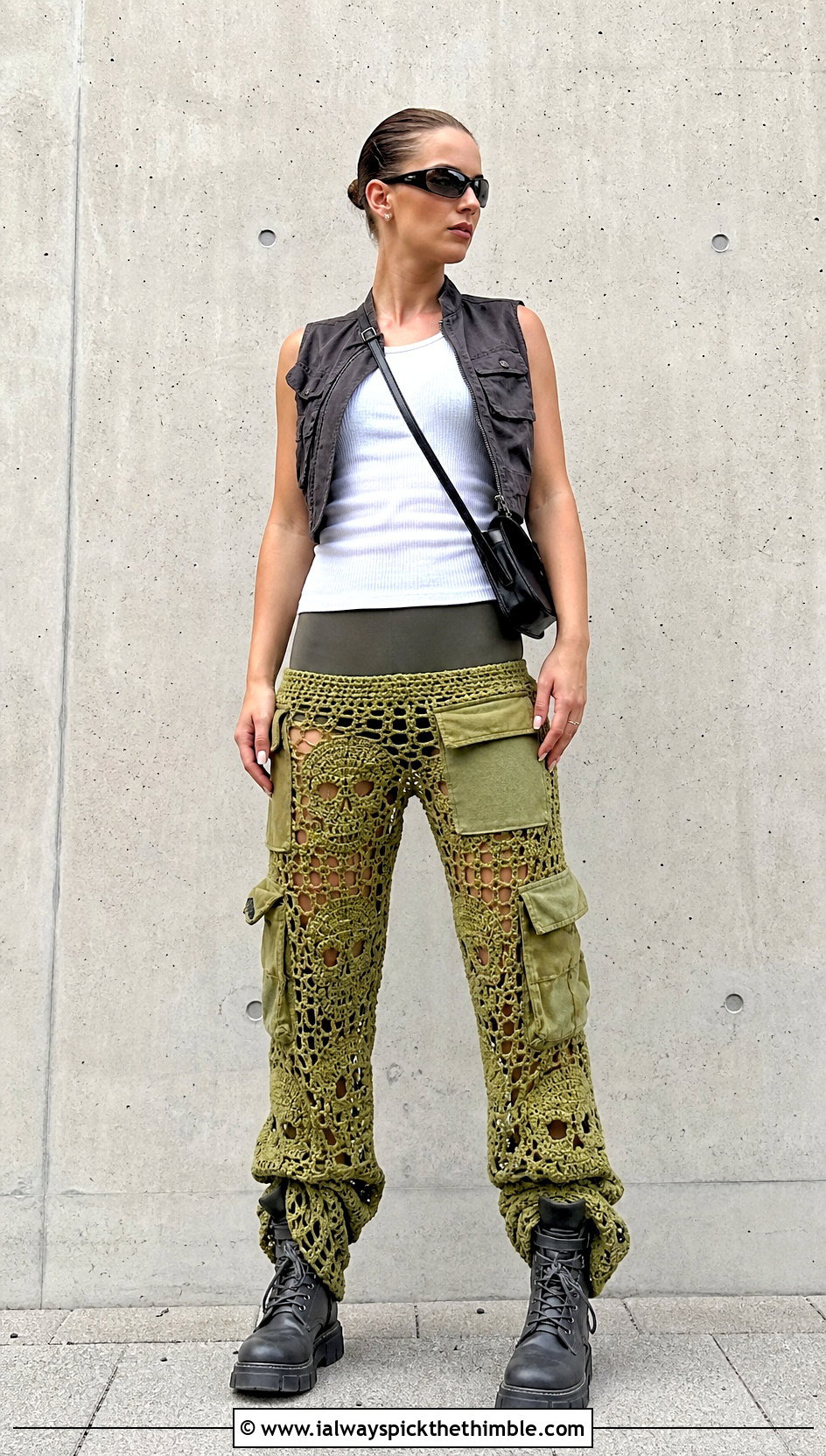Cargo Inspired Crochet Skull Pants With Vest - 20 Crochet Skull Pants outfit ideas