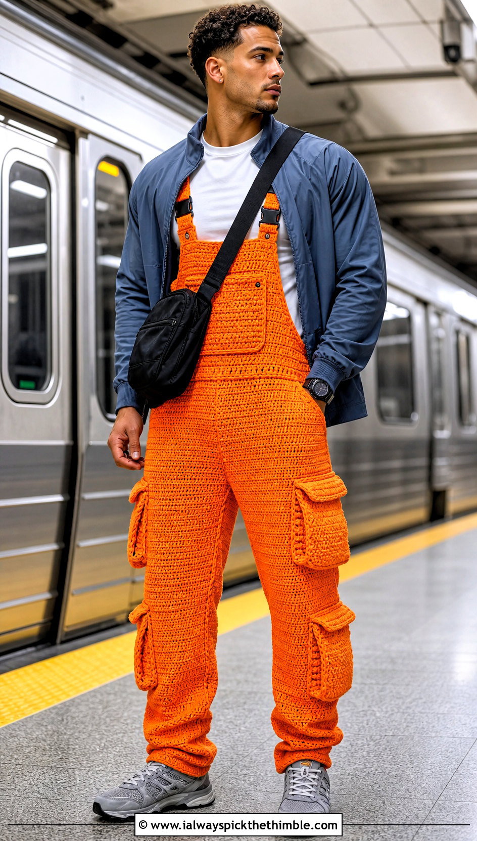 Cargo Pocket Crochet Overalls With Track Jacket - 15 crochet overalls men outfit ideas