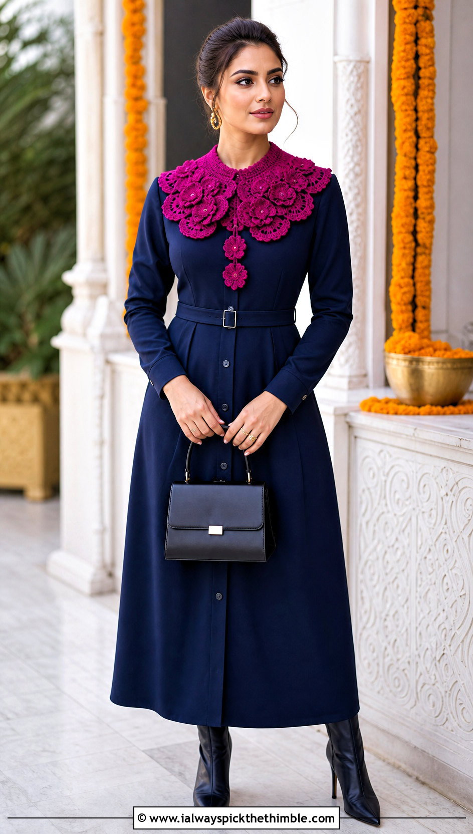 Carnation Jabot Collar With Button Down Dress - 15 handmade floral crochet collar outfit ideas