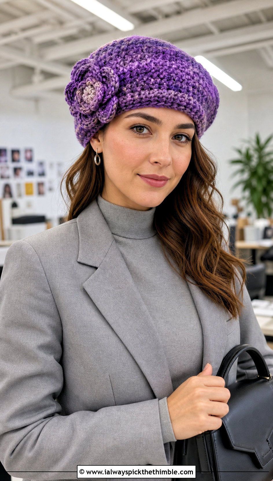 Caron Latte Cakes Flower Applique Beret With Monochrome Suit - 20 caron latte cakes crochet hat outfit ideas