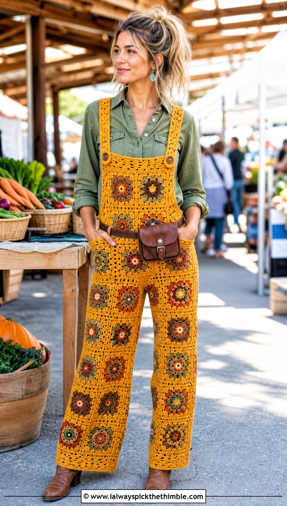 Carpenter Granny Square Crochet Overalls With Western Shirt - 20 Granny Square Crochet Overalls outfit ideas