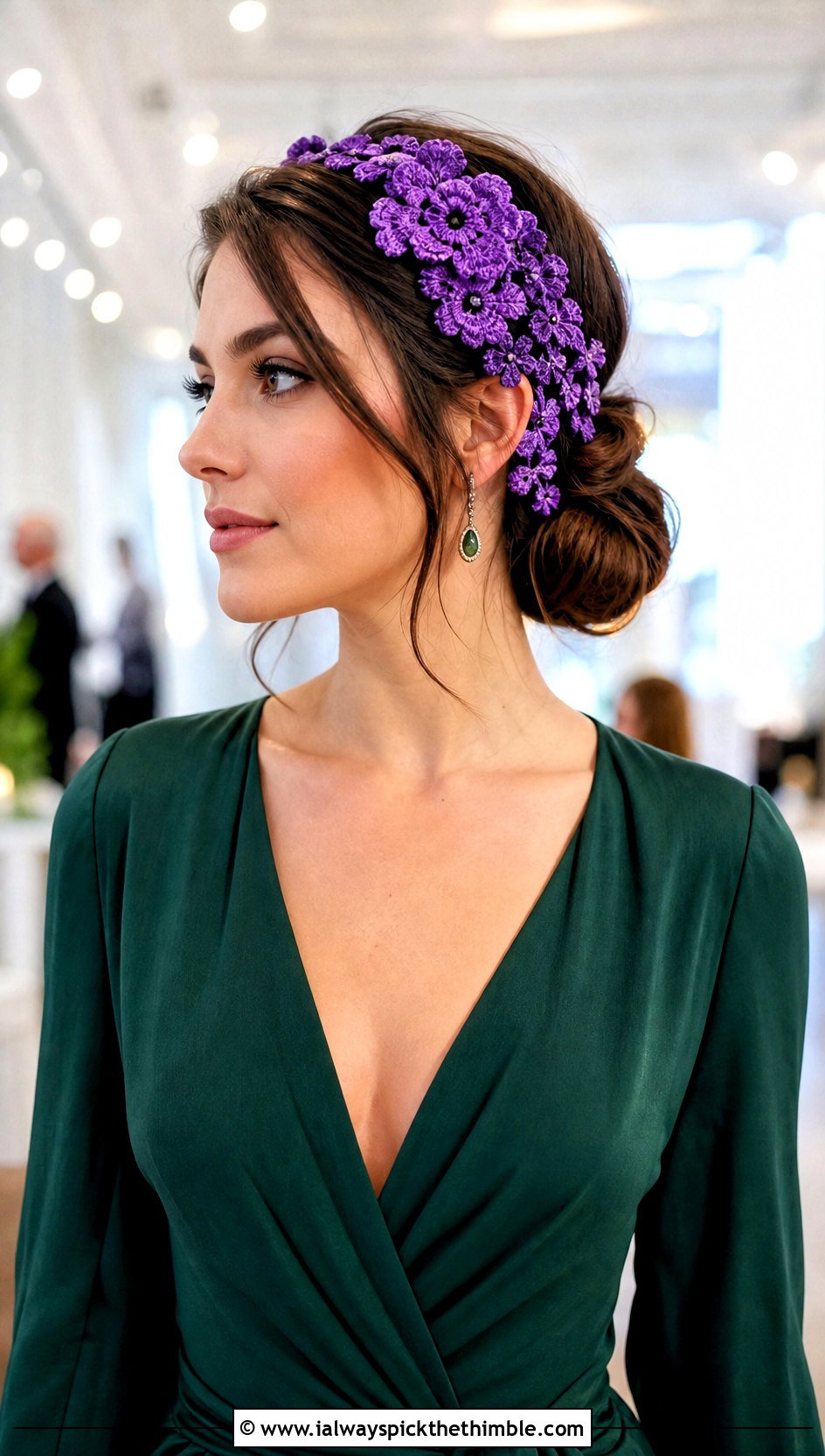 Cascading Flower Crochet Crown Headband With Evening Jumpsuit - 20 crochet flower crown headband outfit ideas