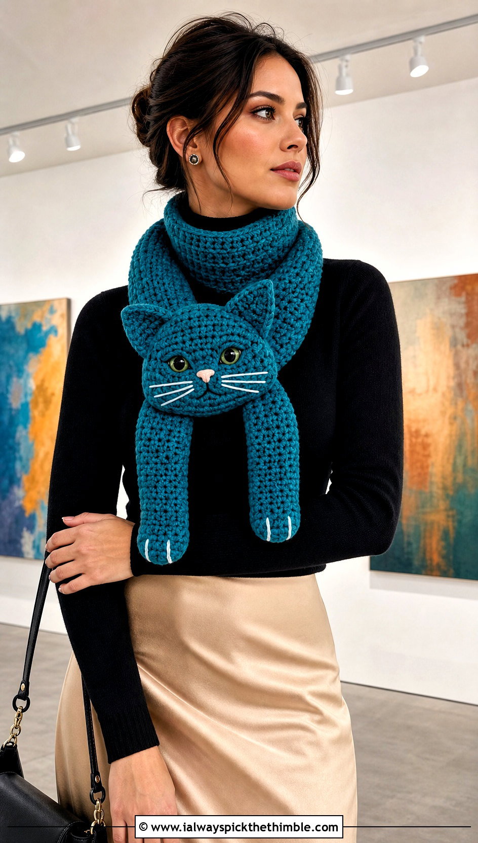 Cat Crochet Scarf With Satin Skirt Outfit - 15 Funny Crochet Scarves outfit ideas