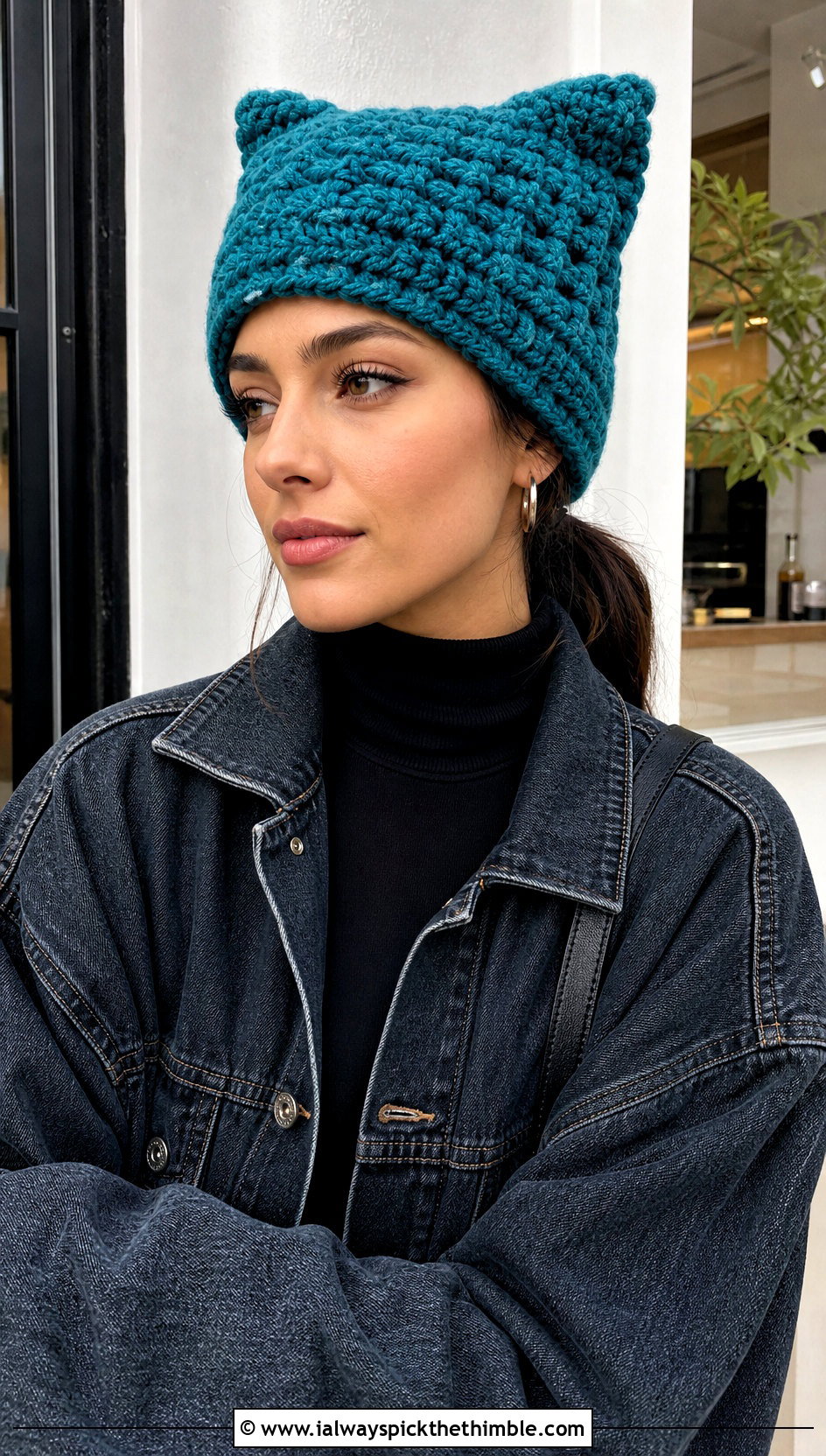 Cat Ear Blanket Yarn Crochet Beanie With Denim Jacket - 15 blanket yarn crochet beanie outfit ideas