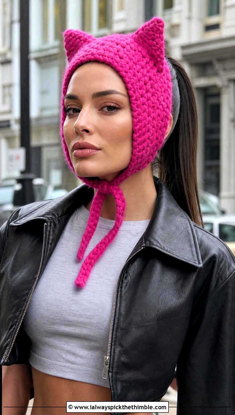 Cat Ear Bonnet Photo Prop Crochet Hat With Leather Jacket - 15 Photo Prop Crochet Hat outfit ideas
