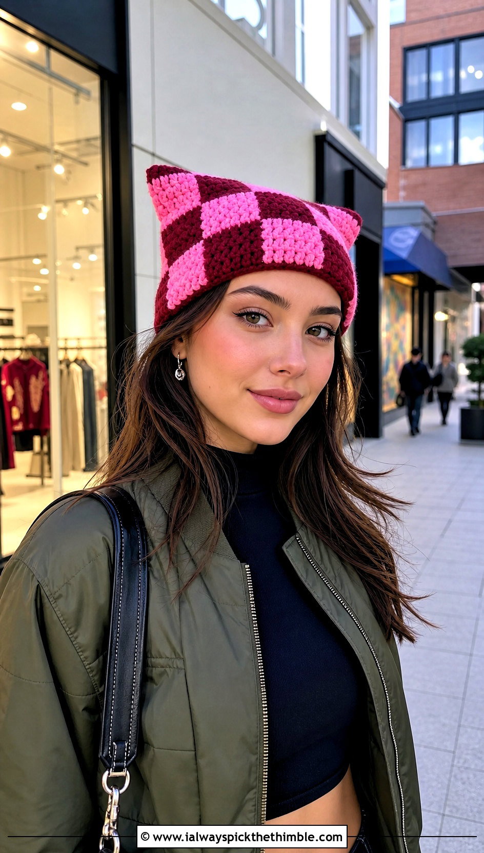 Cat Ear Checkered Beanie With Mini Skirt - 25 crochet checkered beanie outfit ideas