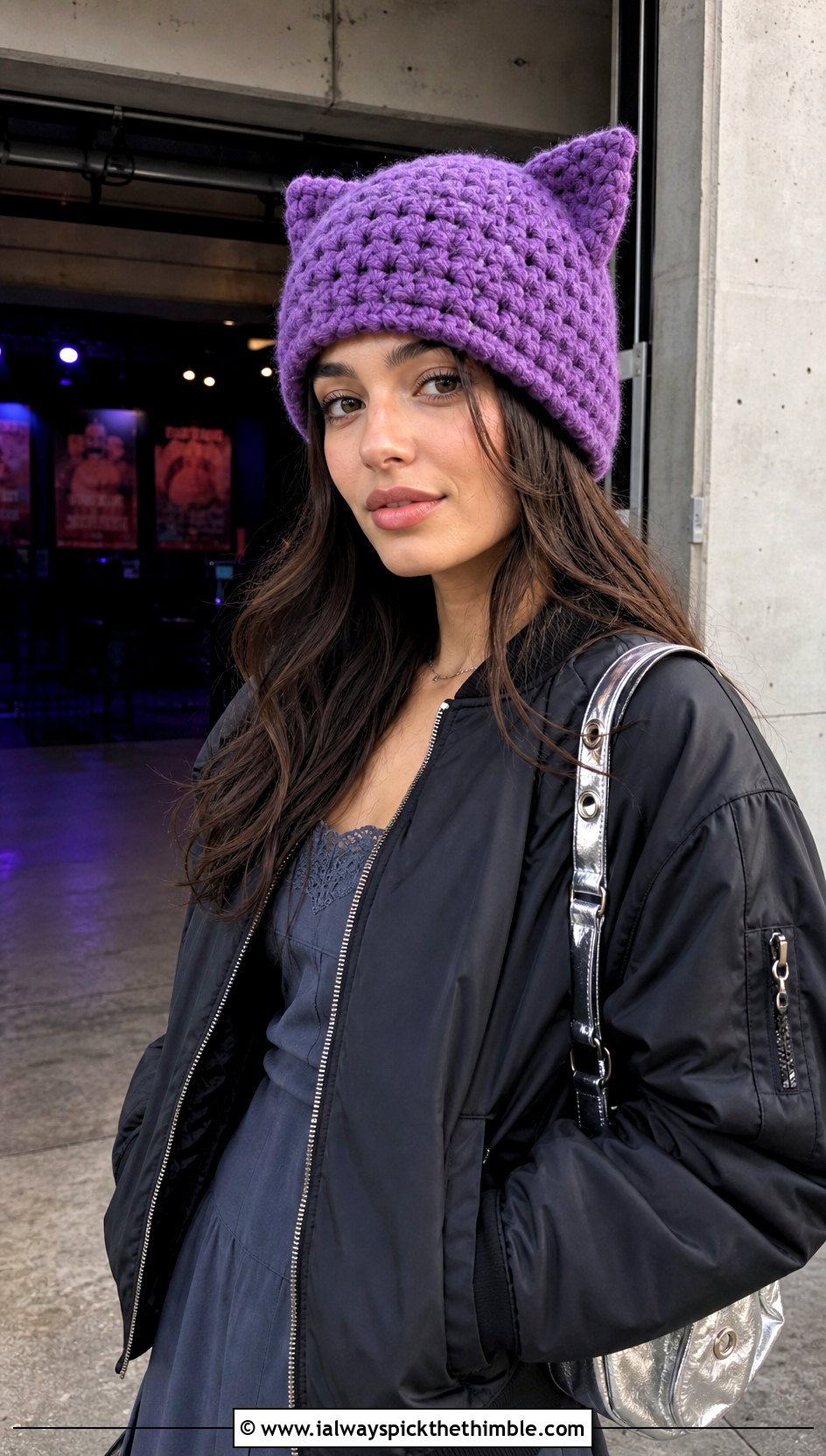 Cat Ear Chunky Crochet Beanie With Bomber Jacket And Mini Dress - 20 chunky yarn crochet hat outfit ideas