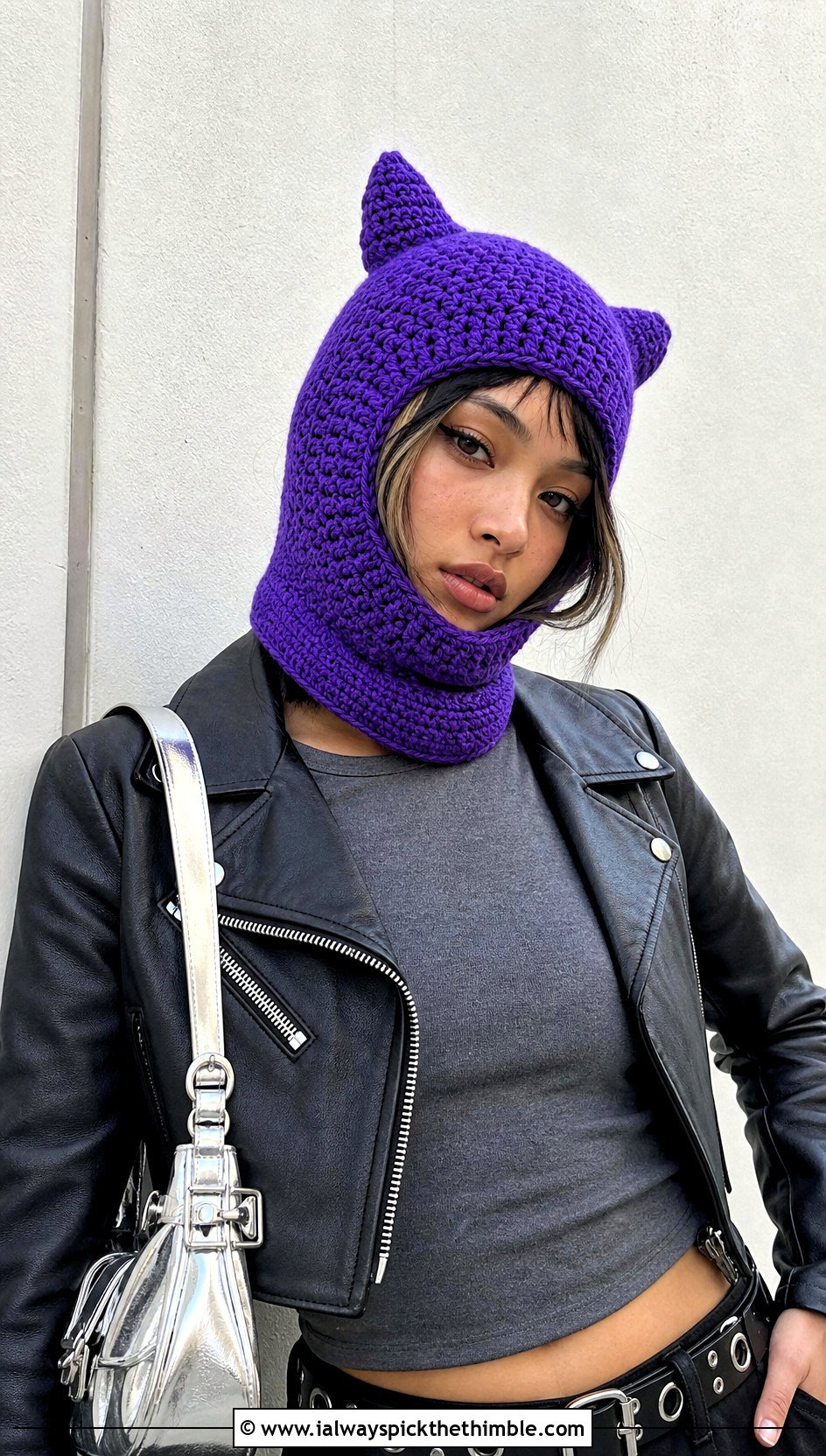 Cat Ear Crochet Balaclava Beanie With Leather Jacket - 20 crochet balaclava beanie outfit ideas