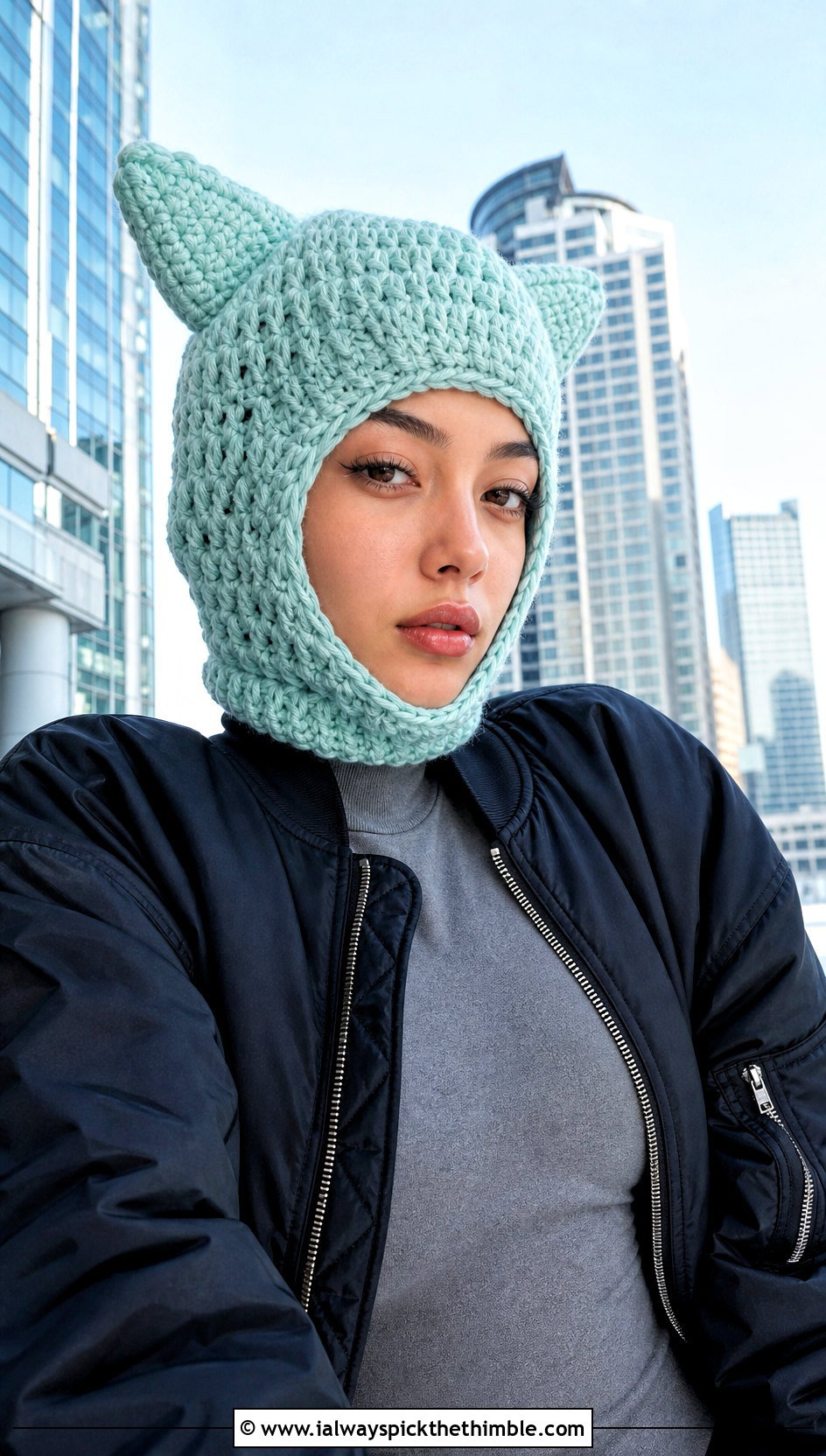 Cat Ear Crochet Balaclava With Bomber Jacket - 25 crochet balaclava outfit ideas