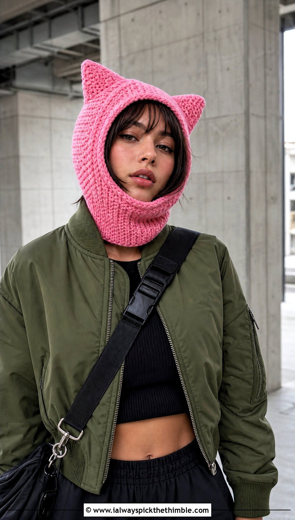 Cat Ear Crochet Balaclava With Bomber Jacket - 25 crochet baclava hat outfit ideas