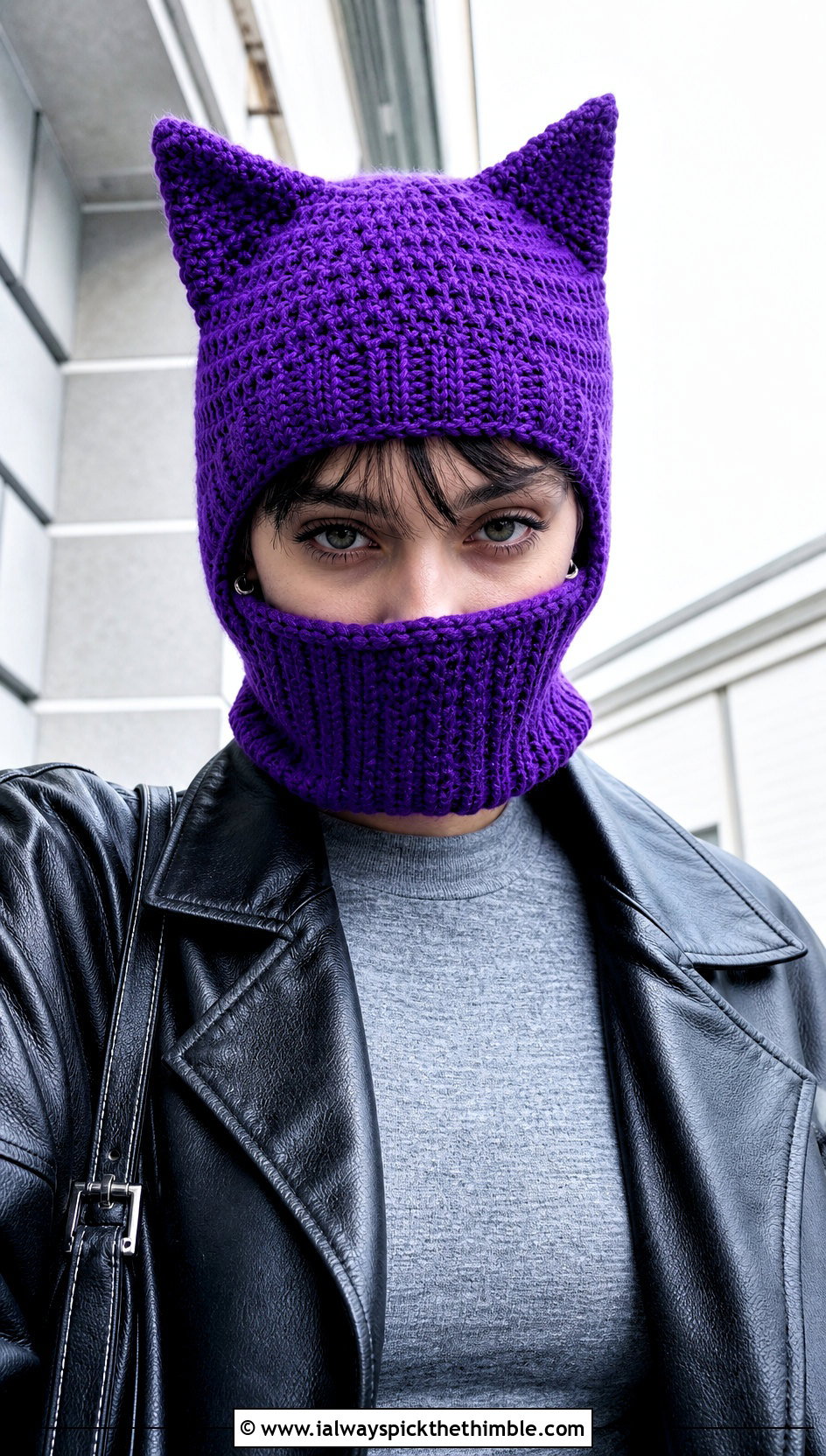 Cat Ear Crochet Balaclava With Leather Jacket - 20 crochet balaclava hat outfit ideas