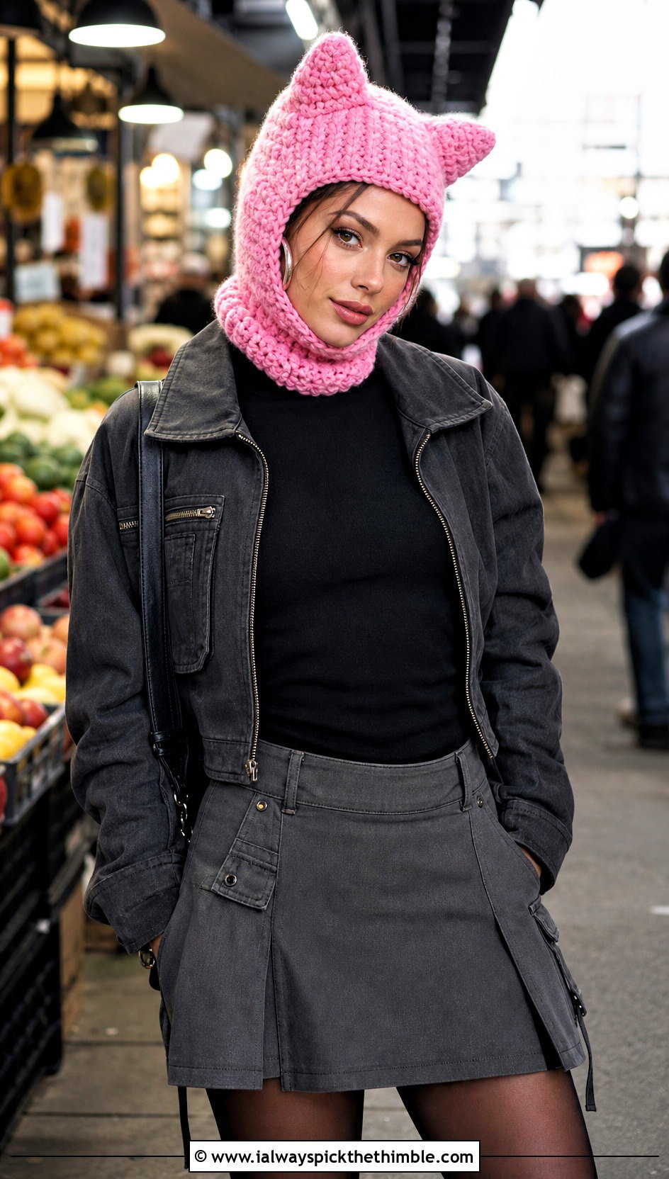 Cat Ear Crochet Balaclava With Mini Skirt - 20 hooded crochet balaclava outfit ideas