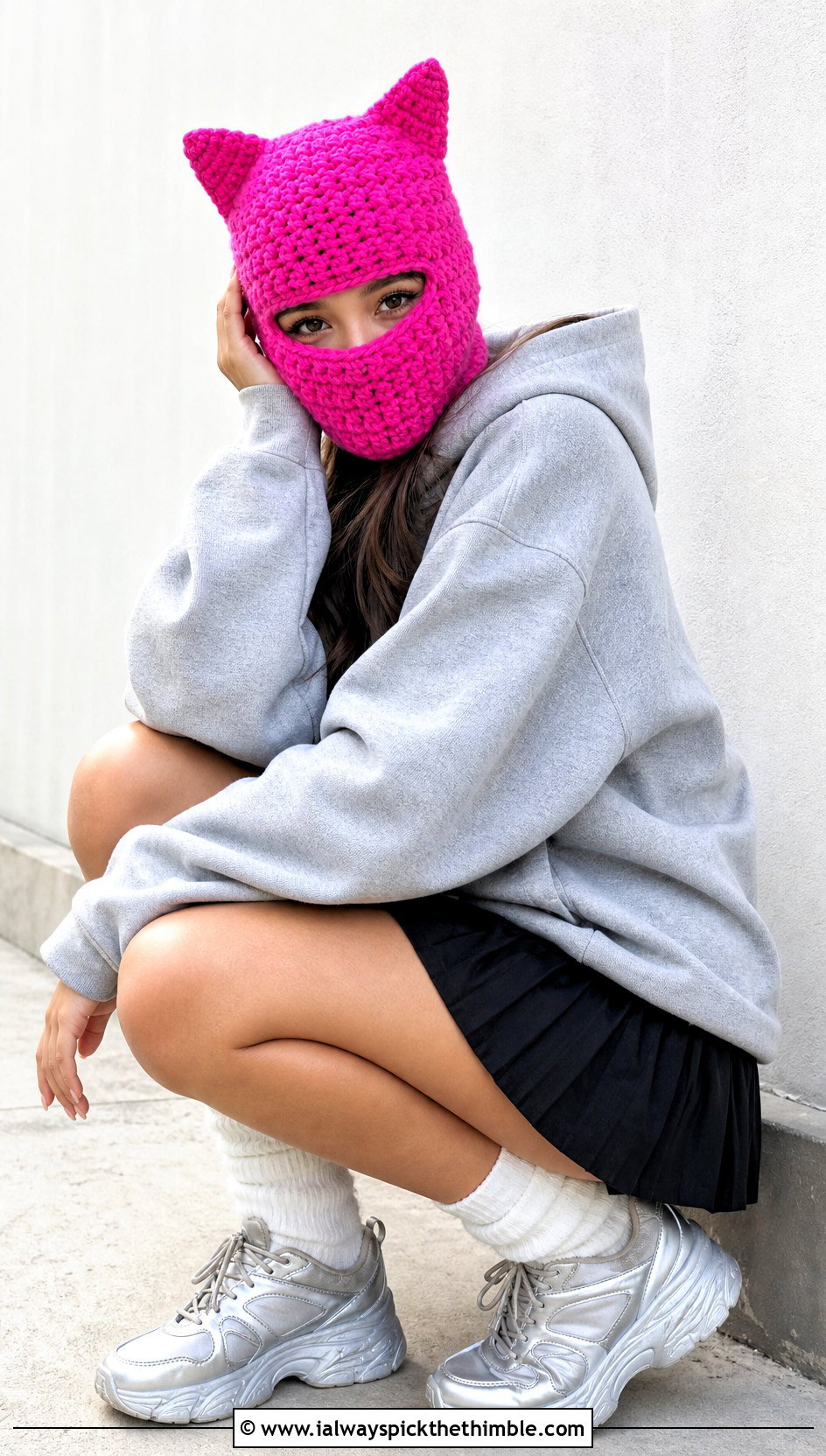 Cat Ear Crochet Balaclava With Oversized Hoodie - 20 crochet hood hat outfit ideas