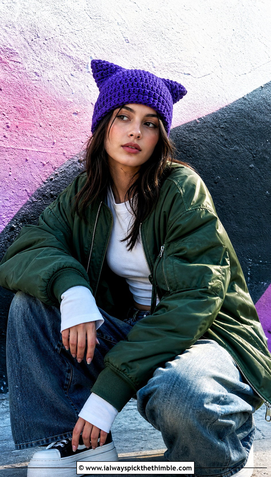 Cat Ear Crochet Beanie With Bomber Jacket And Baggy Jeans - 15 Crochet Beanie All Sizes outfit ideas