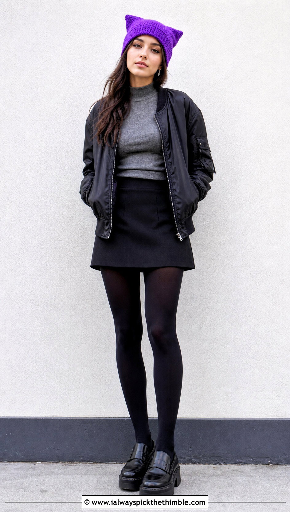 Cat Ear Crochet Beanie With Bomber Jacket And Mini Skirt - 25 easy crochet beanie womens outfit ideas