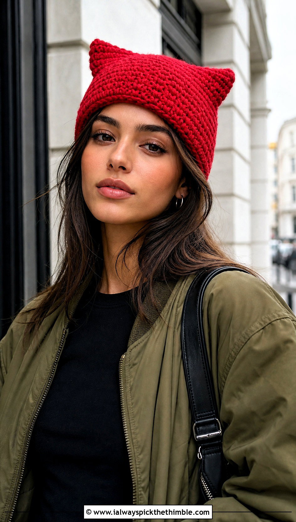 Cat Ear Crochet Beanie With Bomber Jacket - 20 unique crochet beanie outfit ideas