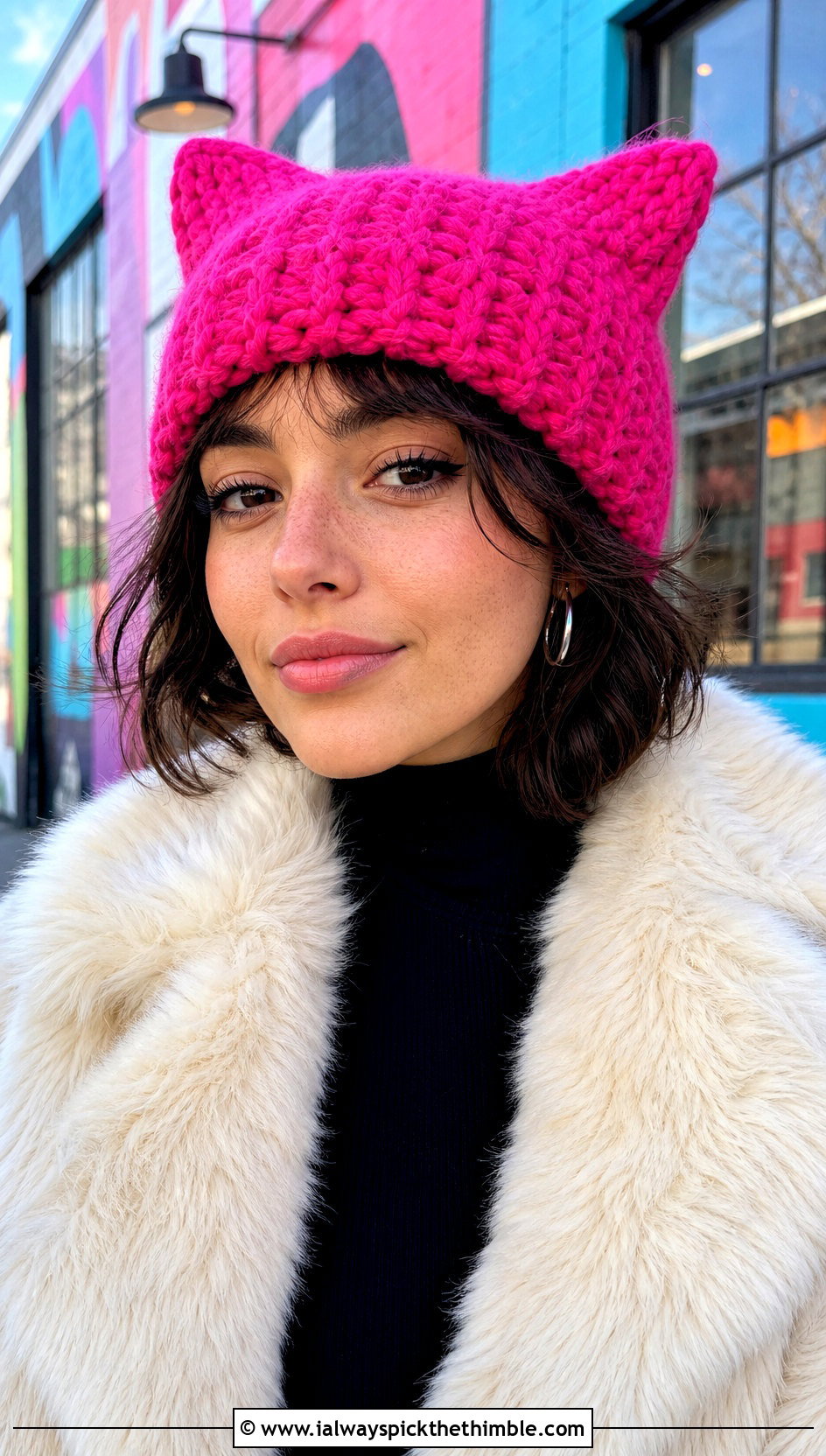 Cat Ear Crochet Beanie With Faux Fur Coat And Mini Skirt - 20 winter crochet beanie outfit ideas