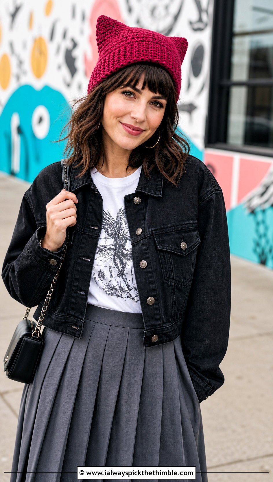 Cat Ear Crochet Beanie With Graphic Tee And Pleated Skirt - 25 basic crochet beanie outfit ideas