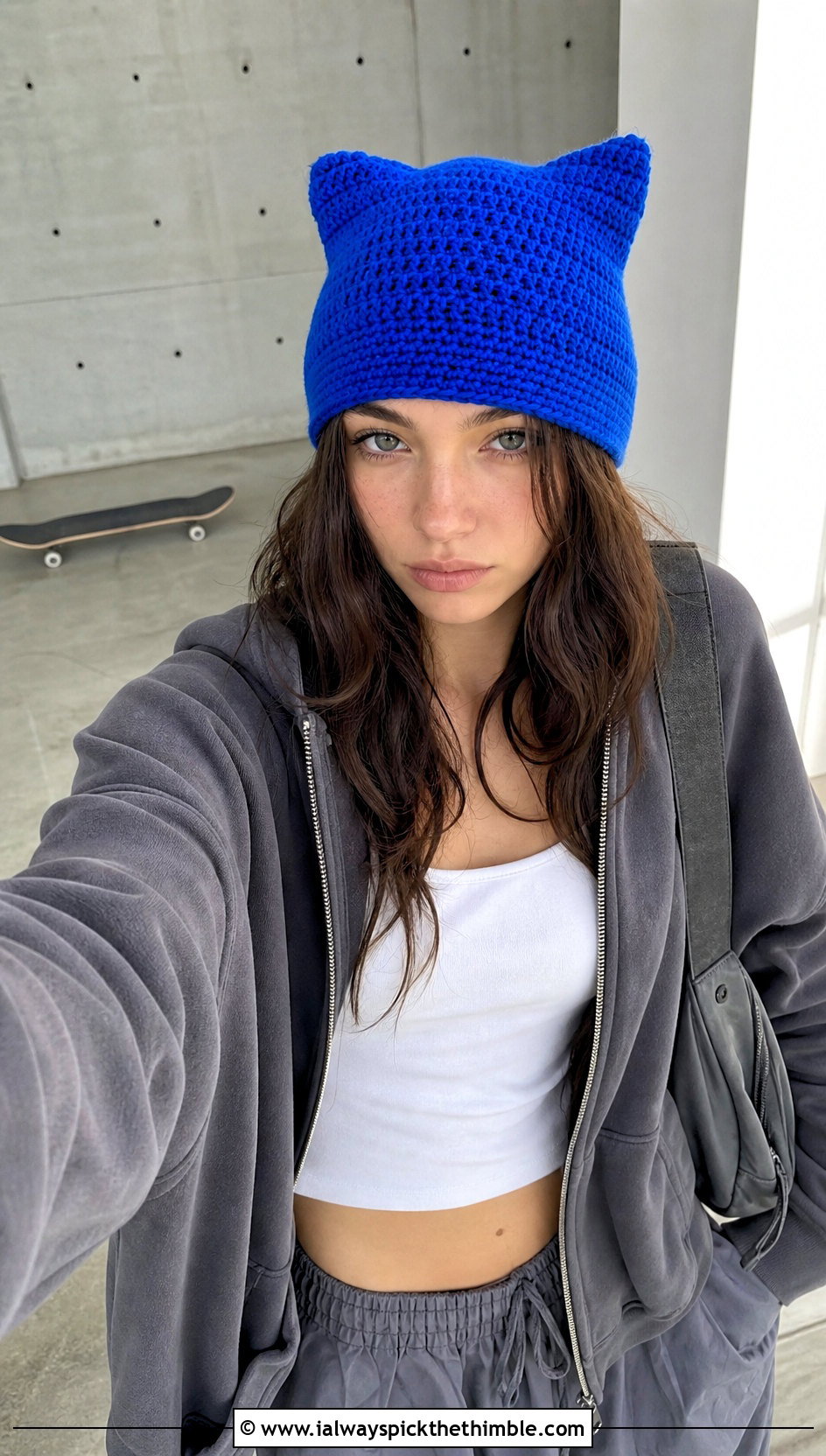Cat Ear Crochet Beanie With Hoodie And Parachute Pants - 25 crochet beanies outfit ideas