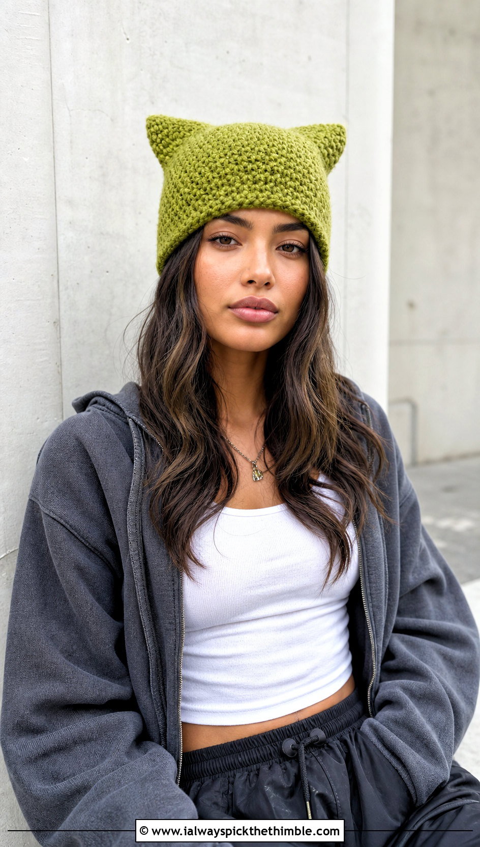 Cat Ear Crochet Beanie With Hoodie And Parachute Pants - 20 Fun Crochet Hat outfit ideas