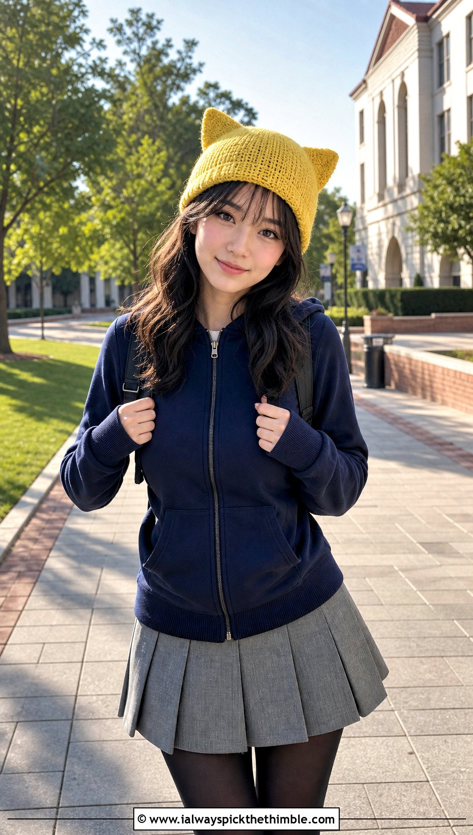 Cat Ear Crochet Beanie With Hoodie And Pleated Skirt - 20 easy crochet beanies outfit ideas