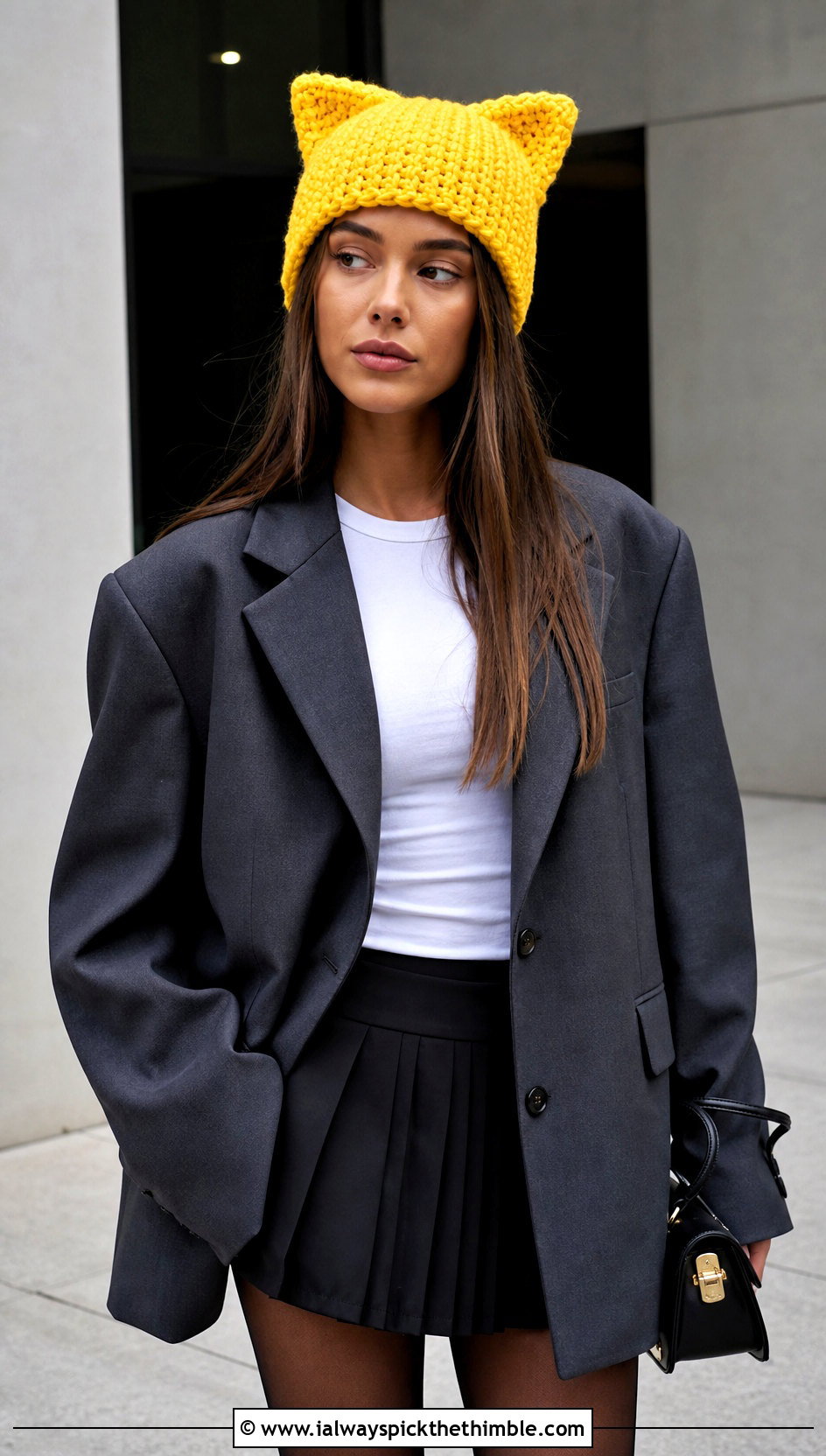 Cat Ear Crochet Beanie With Oversized Blazer - 15 Womens Crochet Beanie outfit ideas