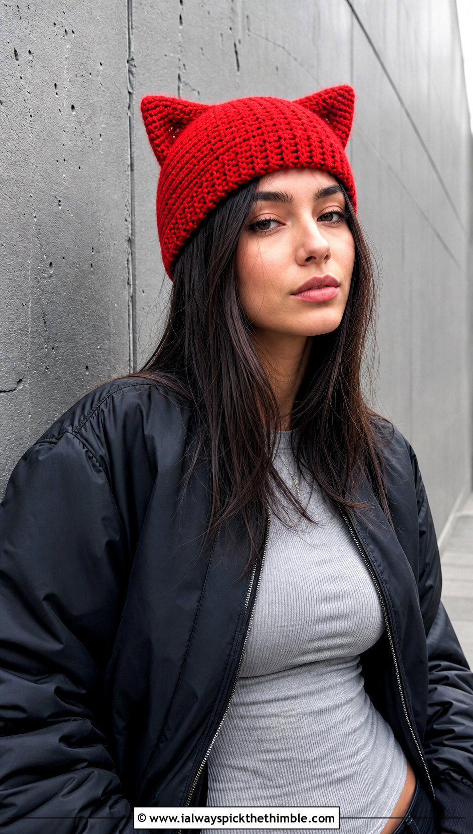 Cat Ear Crochet Beanie With Oversized Bomber Jacket - 20 crochet fall beanie outfit ideas