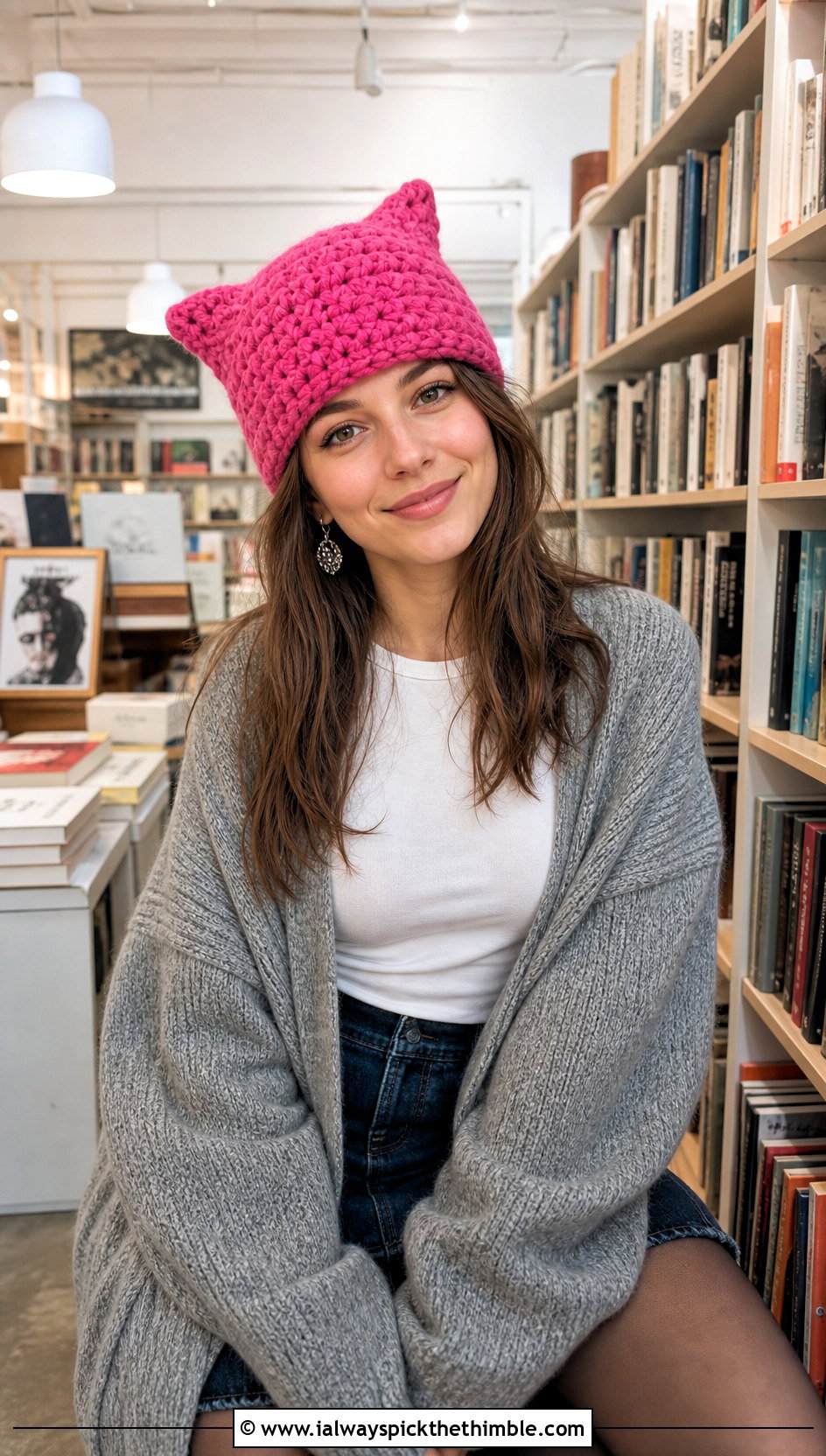 Cat Ear Crochet Beanie With Oversized Cardigan - 20 Fall Crochet Beanie outfit ideas