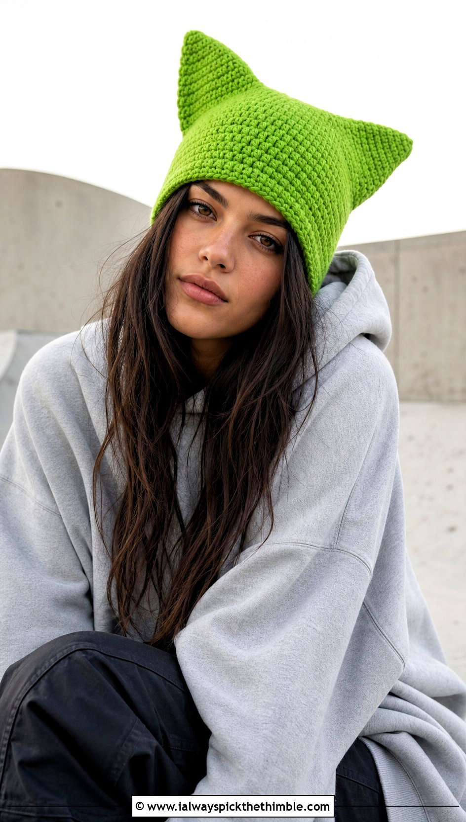 Cat Ear Crochet Beanie With Oversized Hoodie And Cargo Pants - 25 crochet beanie hat outfit ideas
