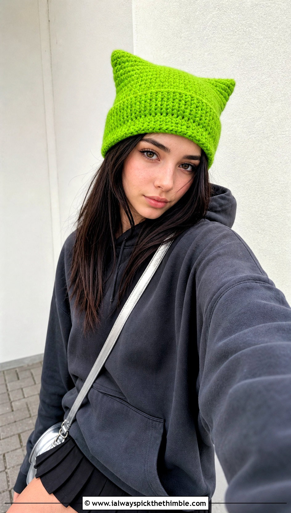 Cat Ear Crochet Beanie With Oversized Hoodie and Mini Skirt - 15 Tiktok Crochet Hat outfit ideas
