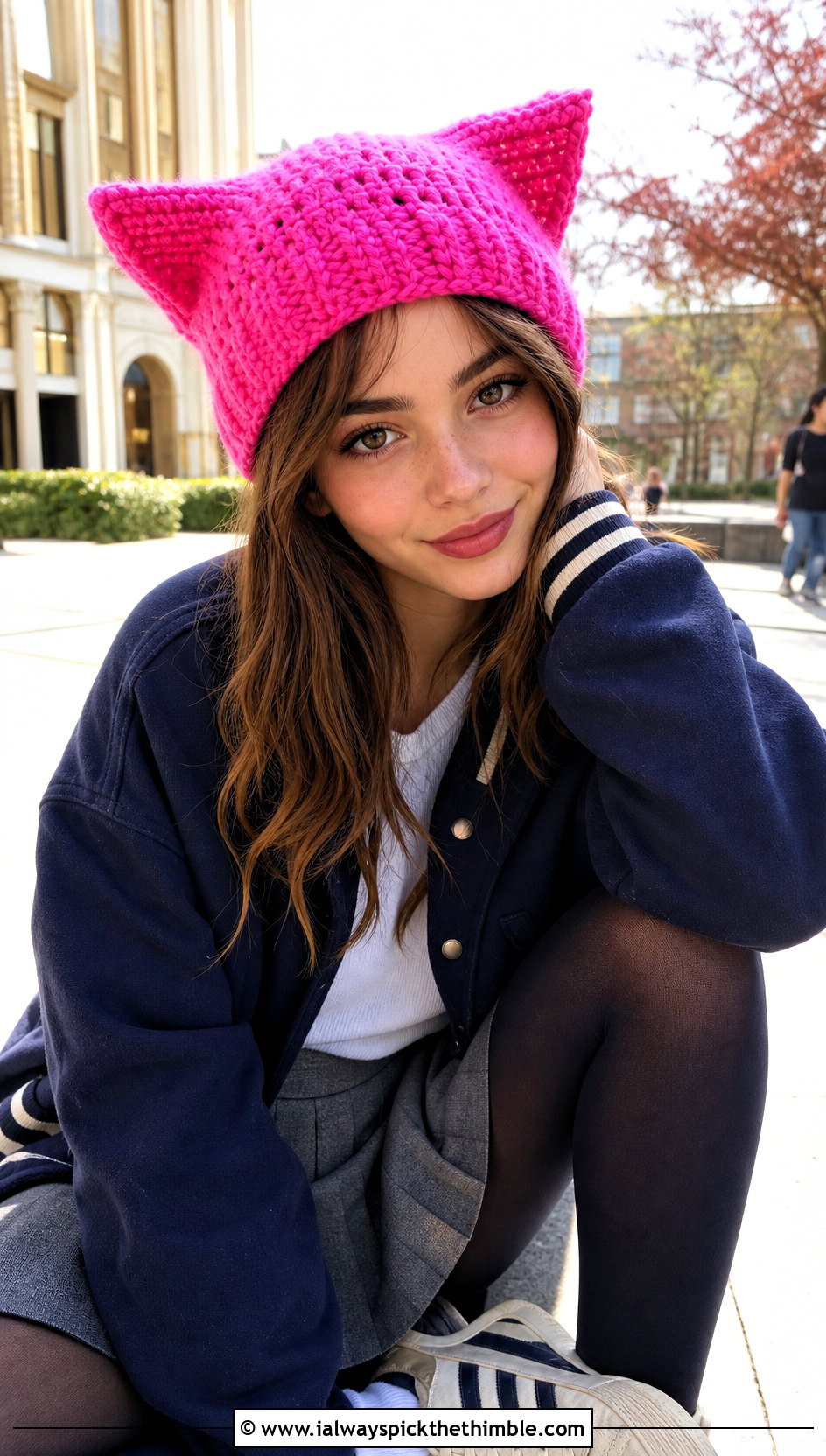 Cat Ear Crochet Beanie With Varsity Jacket And Pleated Skirt - 25 cute crochet beanie outfit ideas