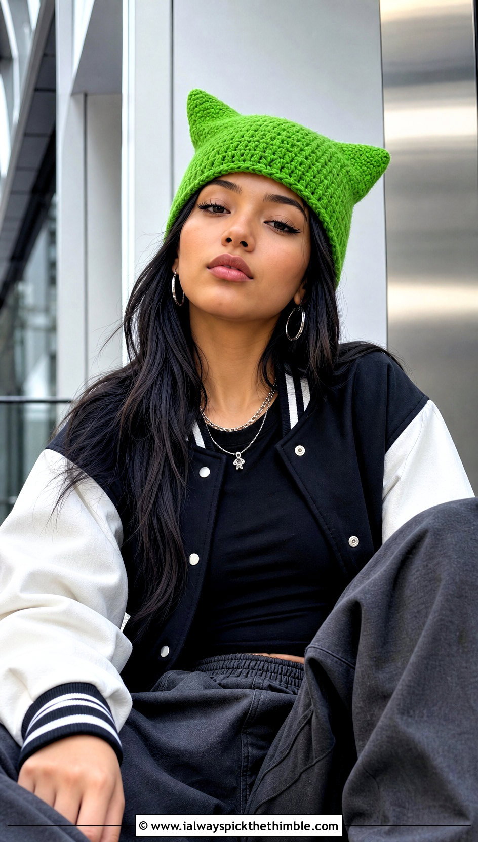 Cat Ear Crochet Beanie With Varsity Jacket And Track Pants - 15 Easy Crochet Beanies For Beginners outfit ideas