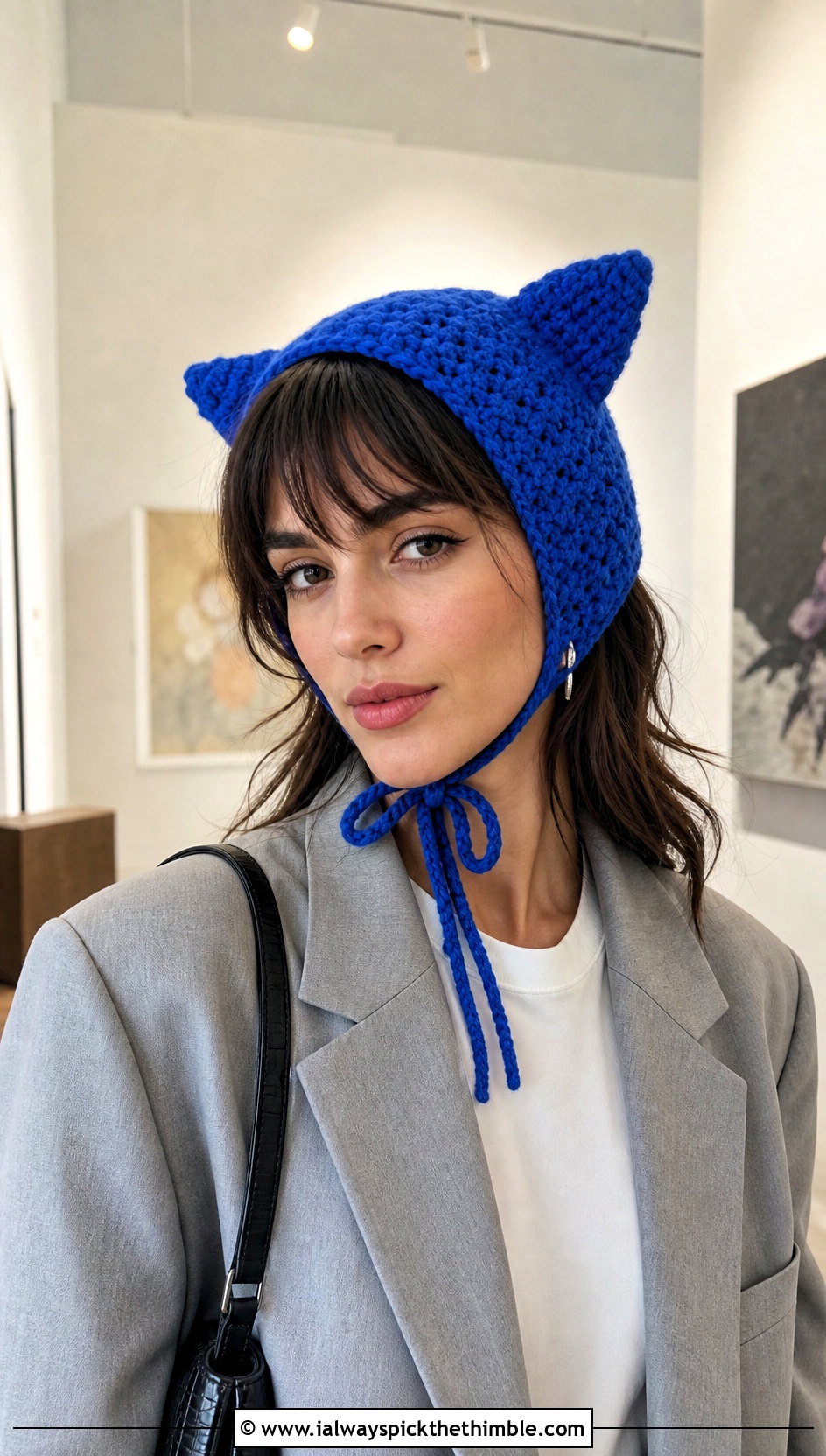 Cat Ear Crochet Bonnet With Tailored Suit - 20 Weird Crochet Hat outfit ideas