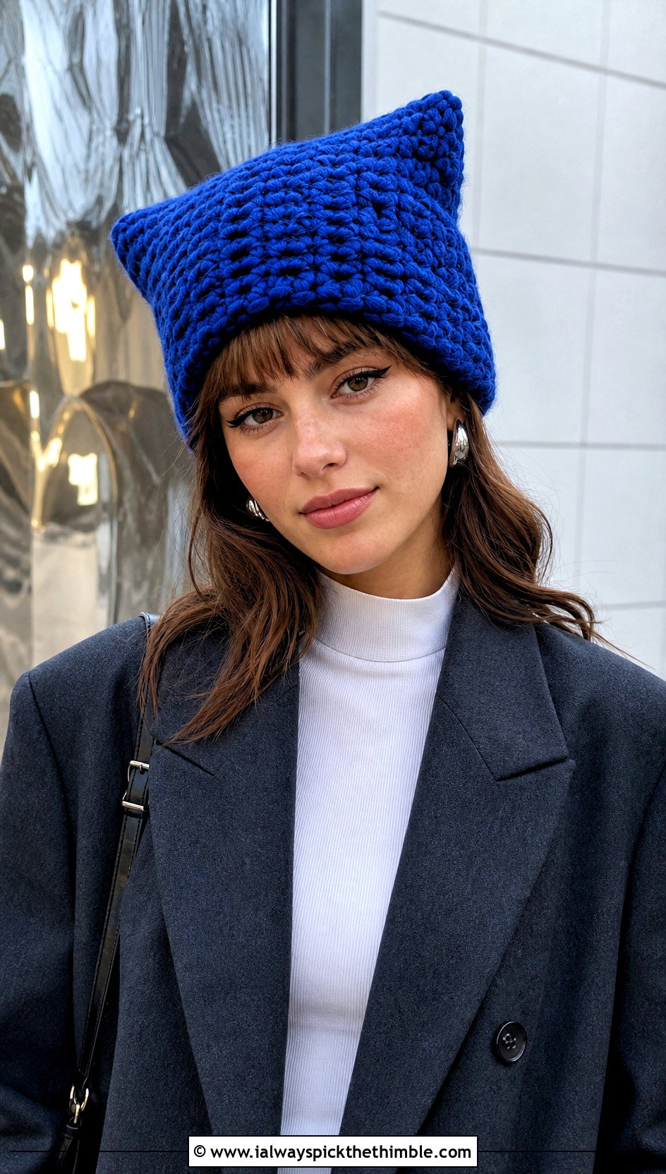 Cat Ear Crochet Chunky Beanie With Blazer And Mini Skirt - 25 crochet chunky beanie outfit ideas