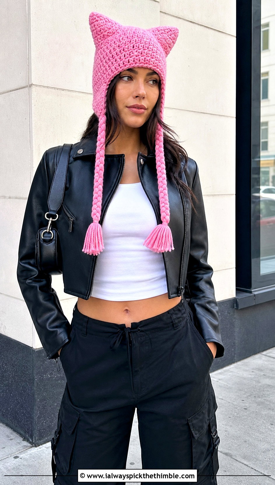 Cat Ear Crochet Doll Hat With Braids And Leather Jacket Outfit - 15 crochet doll hat with braids outfit ideas
