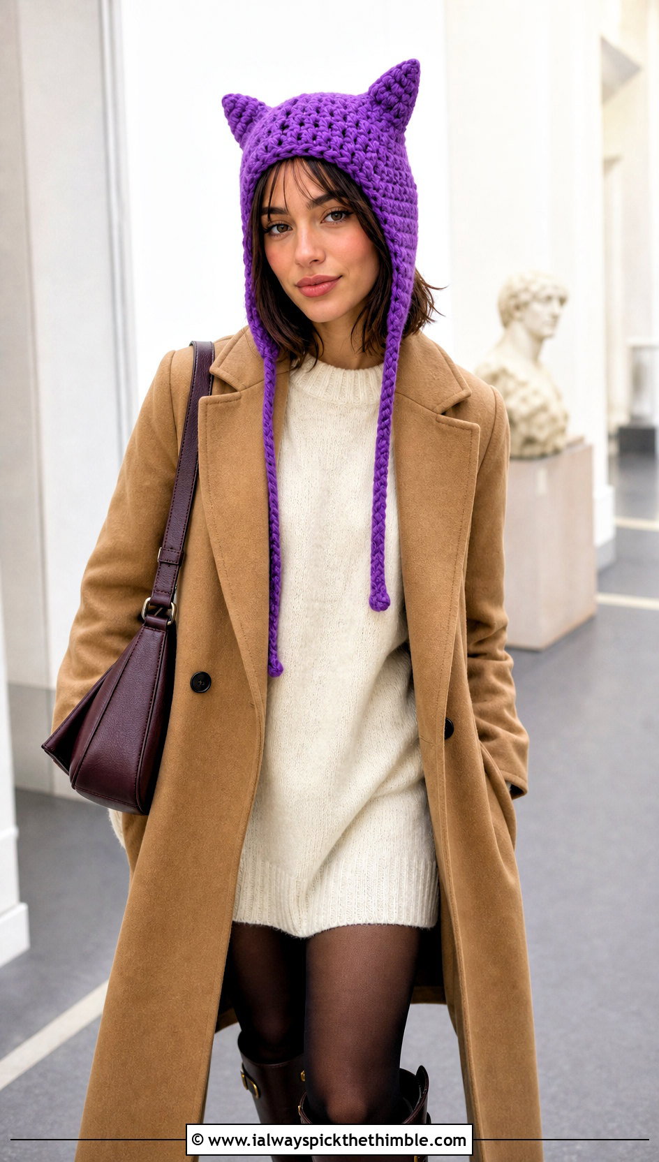 Cat Ear Crochet Ear Flap Beanie With Sweater Dress - 20 crochet ear flap beanie outfit ideas