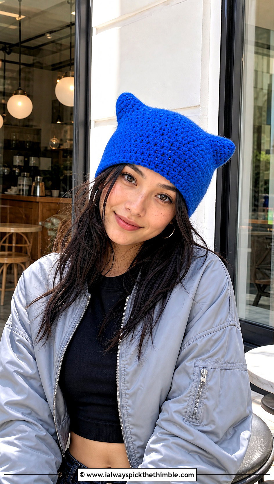 Cat Ear Crochet Hat With Bomber Jacket And Mini Skirt - 25 crochet hat outfit ideas