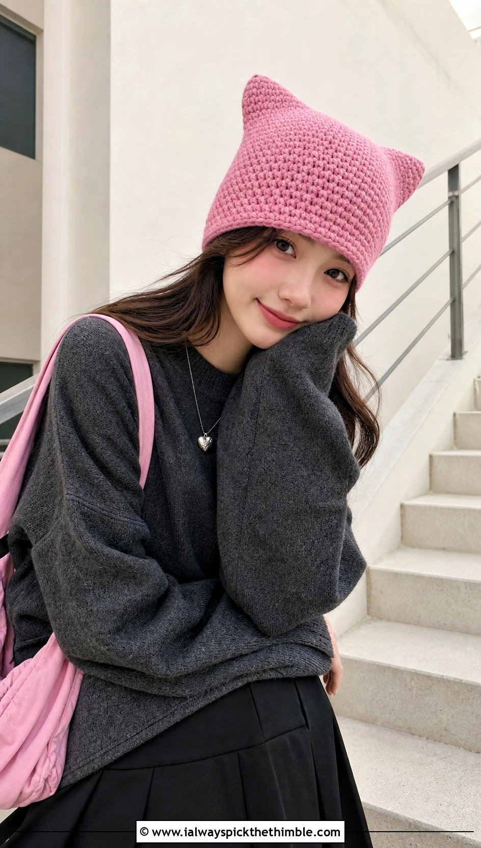 Cat Ear Crochet Hat With Mini Skirt And Oversized Sweater - 25 quick crochet hat outfit ideas