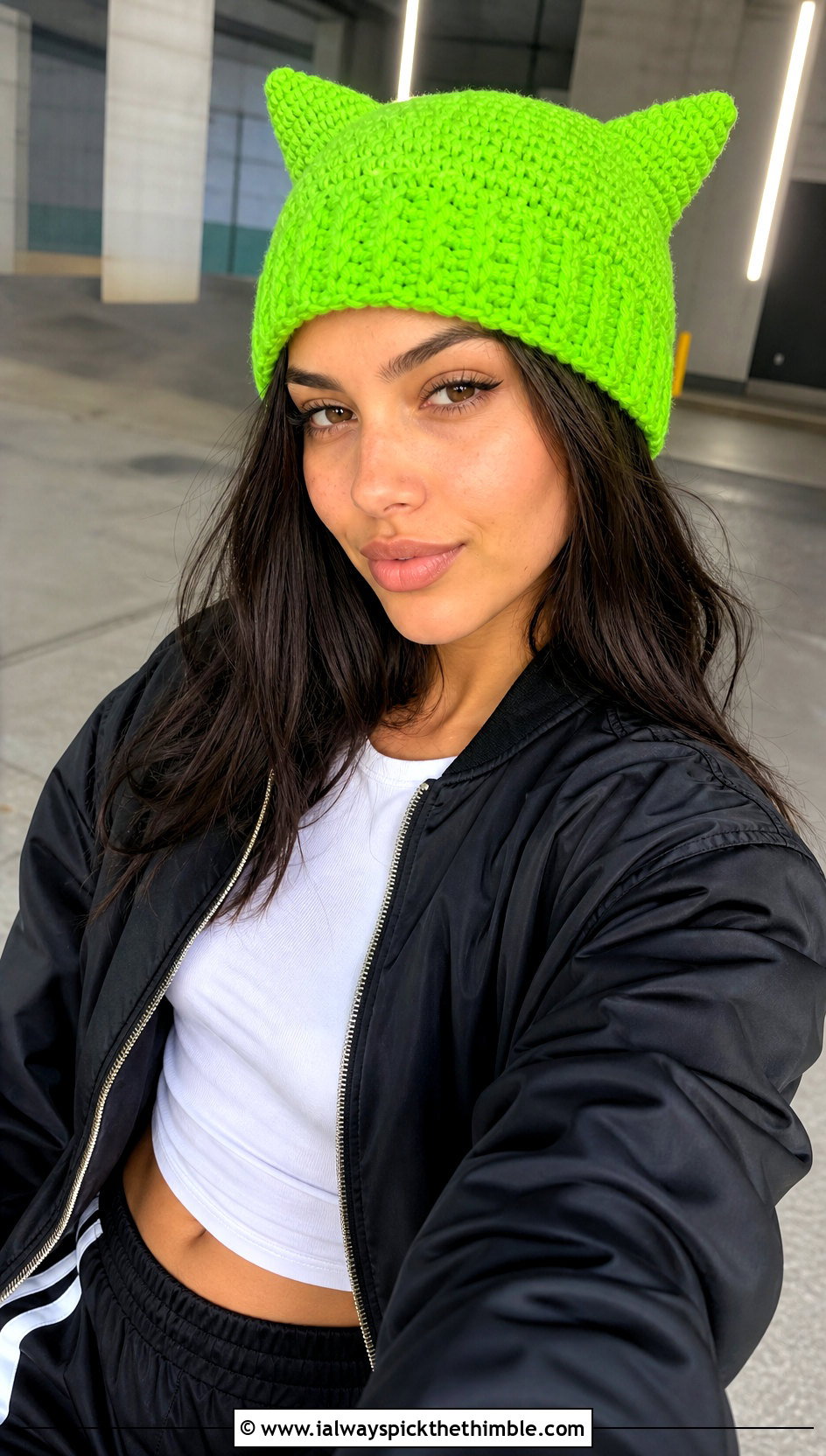 Cat Ear Crochet Rectangle Beanie With Bomber Jacket And Track Pants - 20 Crochet Rectangle Beanie outfit ideas
