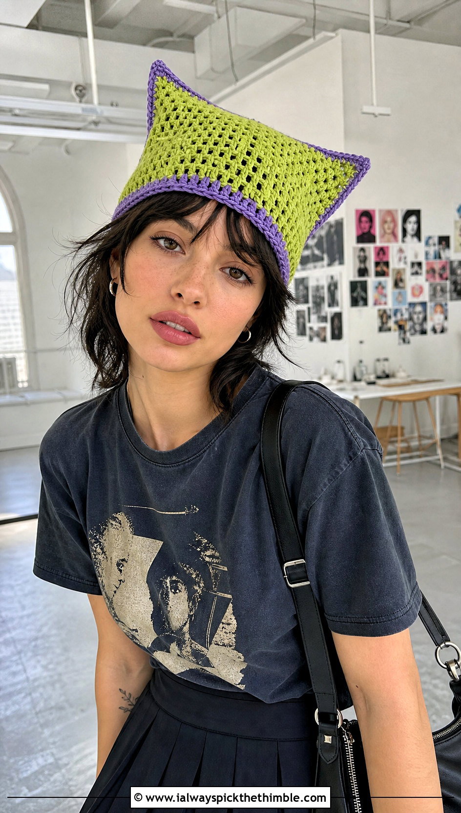 Cat Ear Crochet Square Hat With Graphic T Shirt And Pleated Skirt - 20 crochet square hat outfit ideas