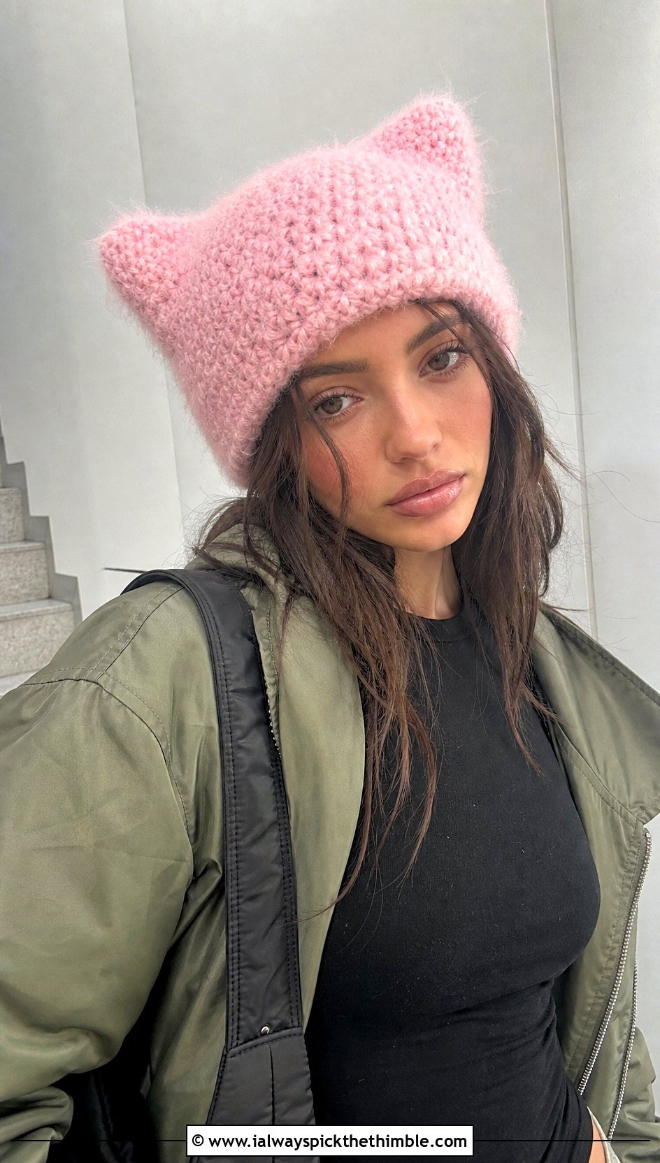 Cat Ear Fluffy Crochet Beanie With Bomber Jacket - 20 fluffy crochet beanie outfit ideas